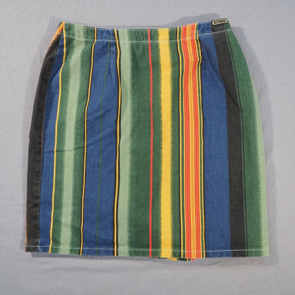Vintage Gitano Skirt Women 11 12 Green Blue Stripe Wrap Raw Edge Hippie Retro - Picture 2 of 10